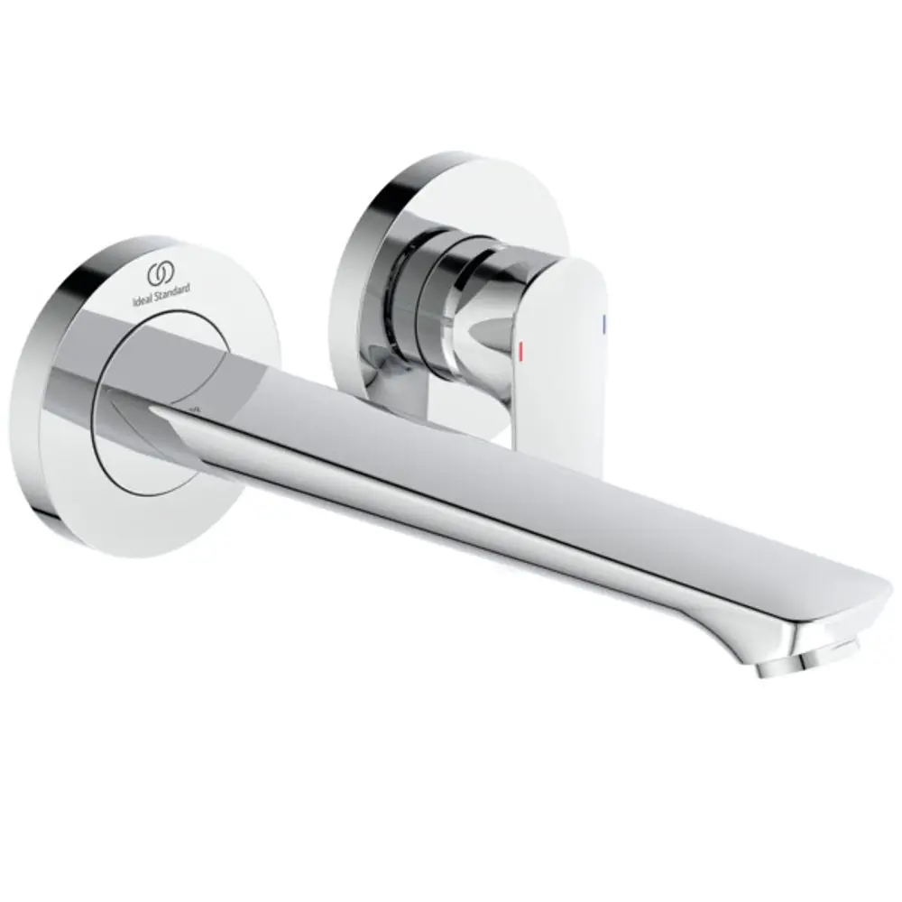 Wandarmatur mit einem langen, schmalen Auslauf und einem glänzenden Chrom-Finish, hergestellt von Ideal Standard. Die Betätigung erfolgt über einen runden, seitlich platzierten Griff.